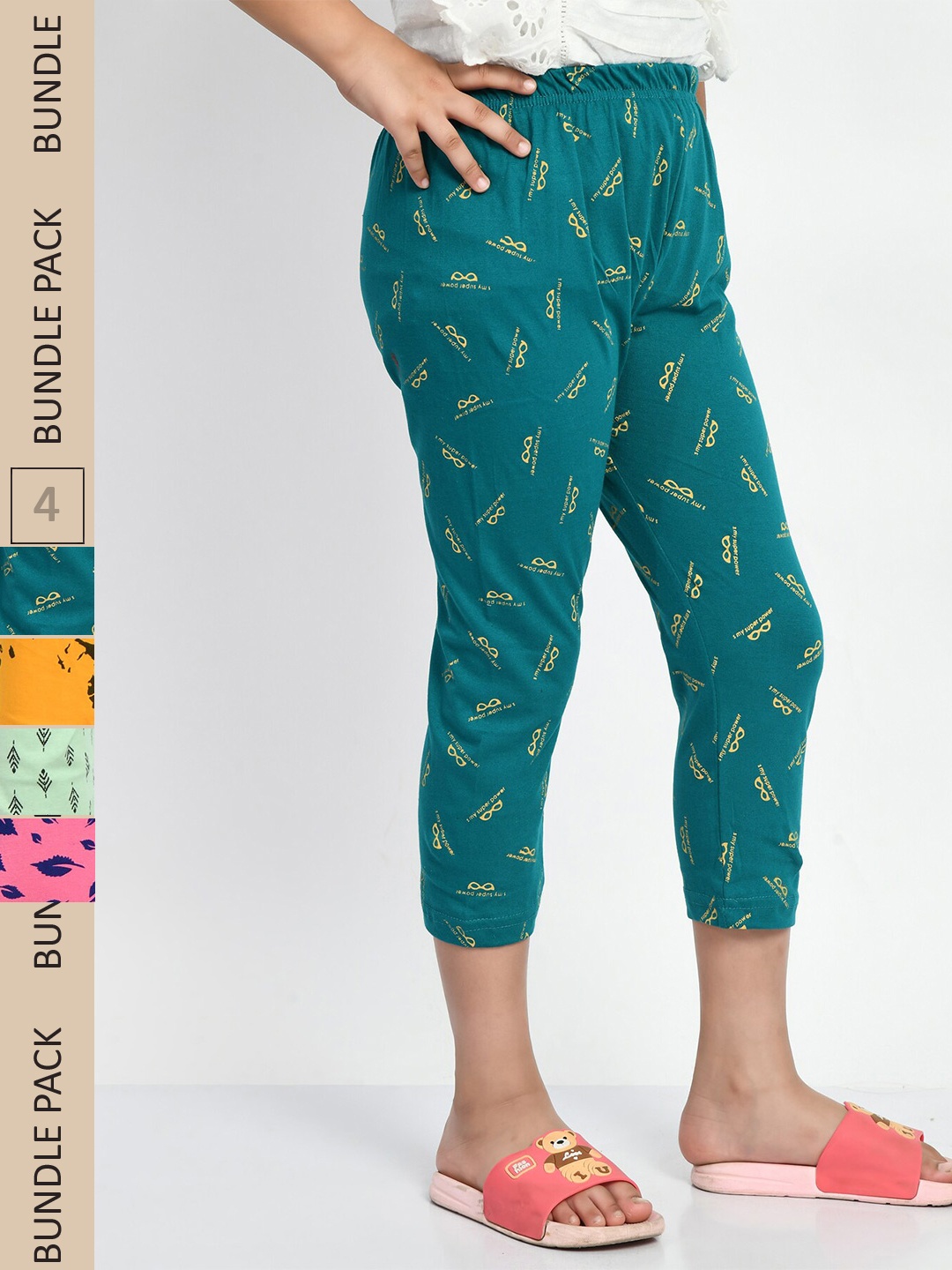 

BAESD Girls Pack Of 4 Printed Pure Cotton Capris, Green
