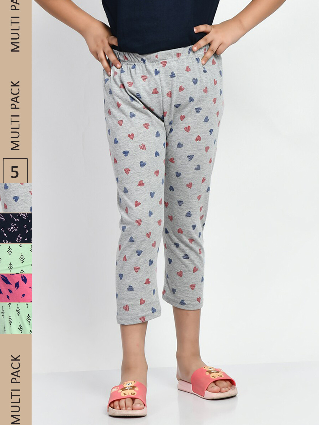 

BAESD Girls Pack Of 5 Conversational Printed High Rise Pure Cotton Capris, Green