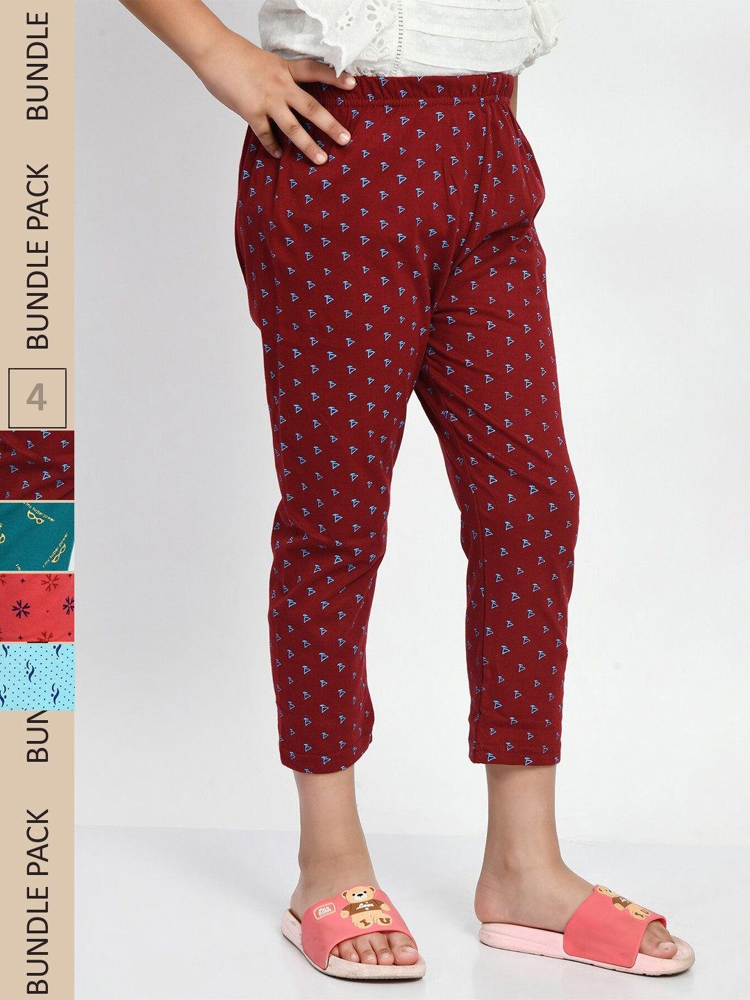 

BAESD Girls Pack Of 4 Printed Pure Cotton Capris, Red