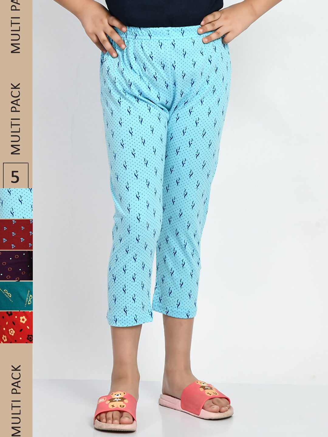 

BAESD Girls Pack Of 5 Conversational Printed Pure Cotton Capris, Blue