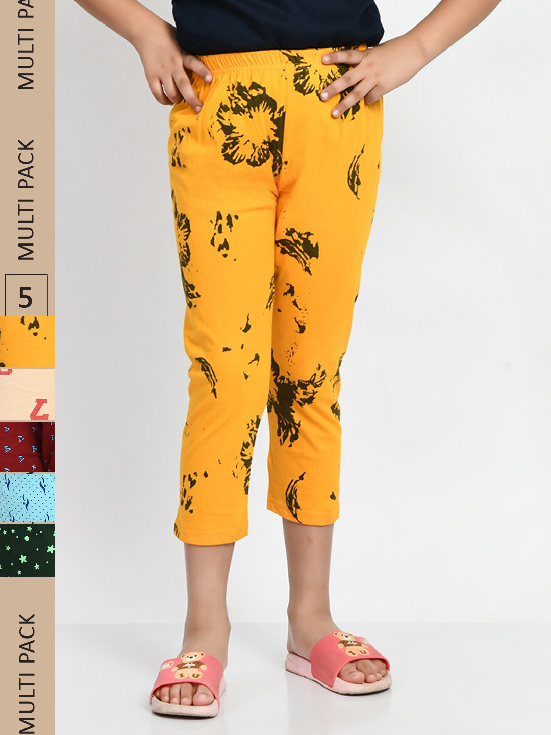 

BAESD Girls Pack Of 5 Printed Pure Cotton Capris, Yellow
