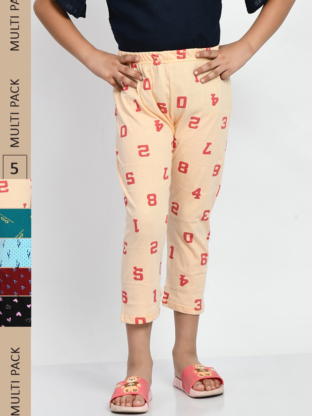 

BAESD Girls Pack Of 5 Conversational Printed High Rise Pure Cotton Capris, Cream