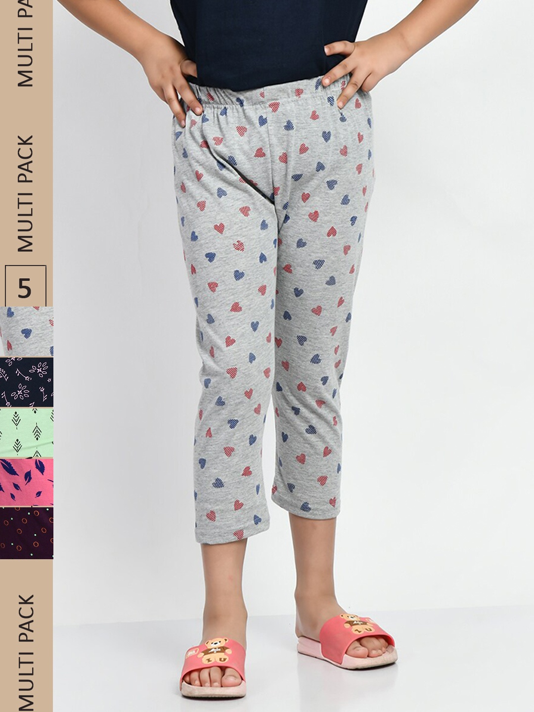 

BAESD Girls Pack Of 5 Printed Pure Cotton Capris, Pink