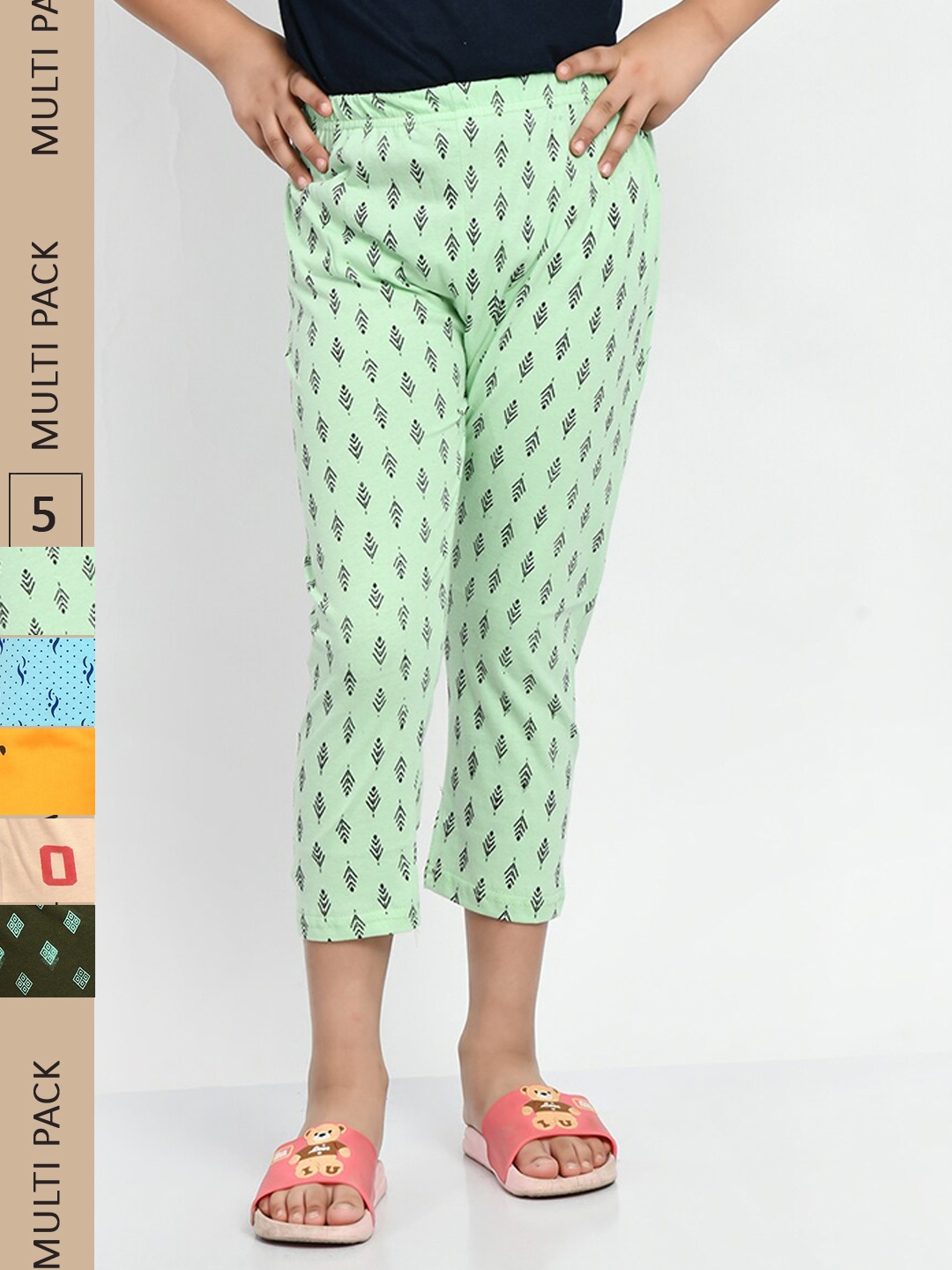 

BAESD Girls Pack Of 5 Printed Pure Cotton Capris, Green