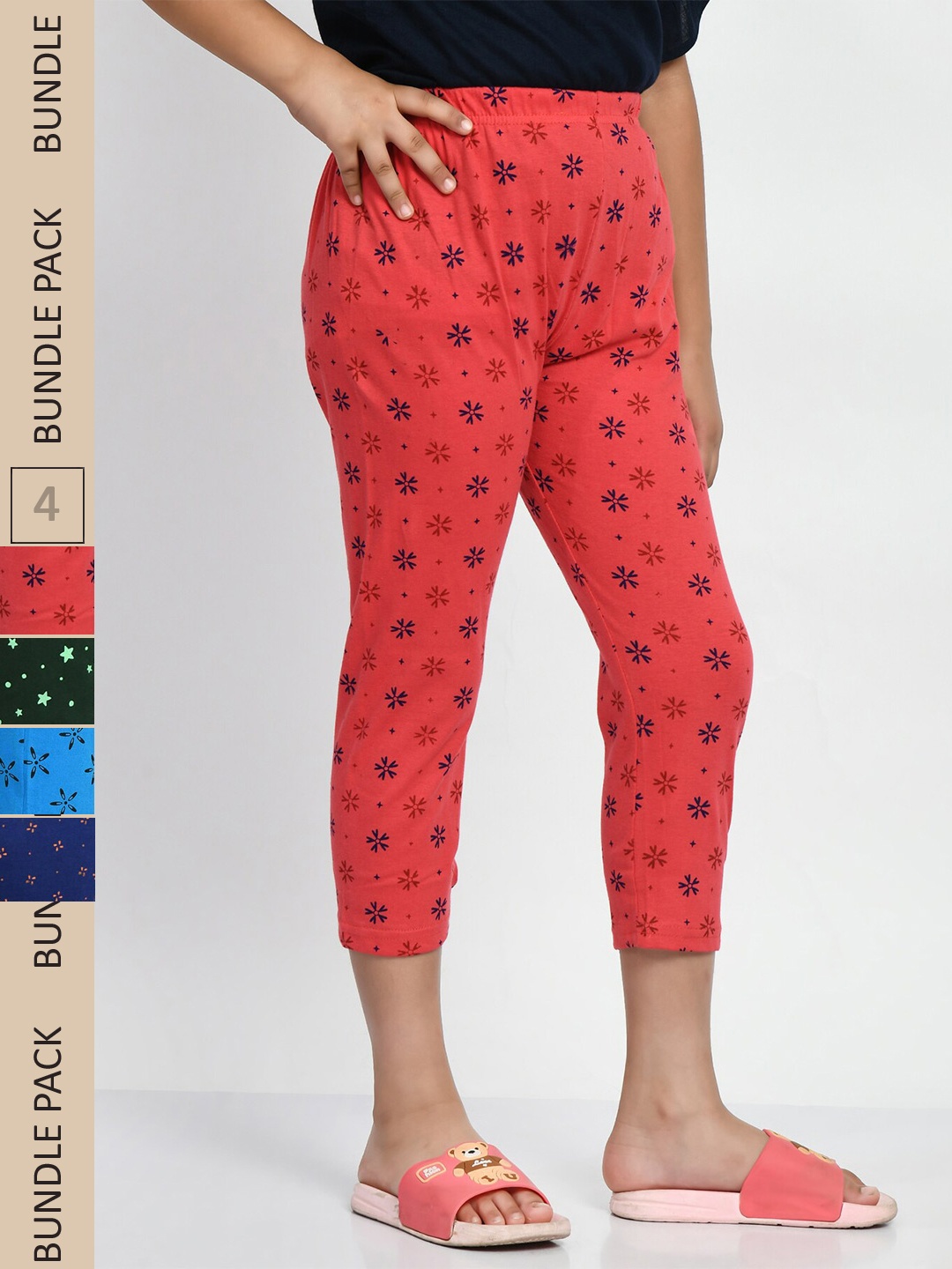 BAESD Girls Pack of 5 Printed Pure Cotton Capris, Red