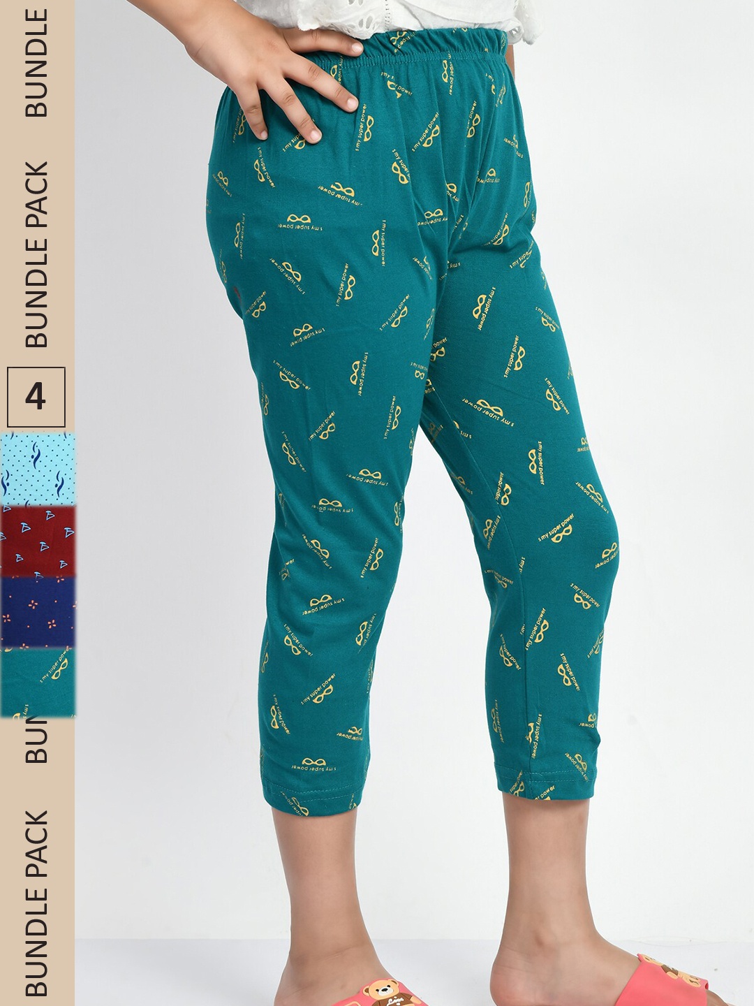 

BAESD Girls Pack Of 4 Printed Pure Cotton Capris, Turquoise blue