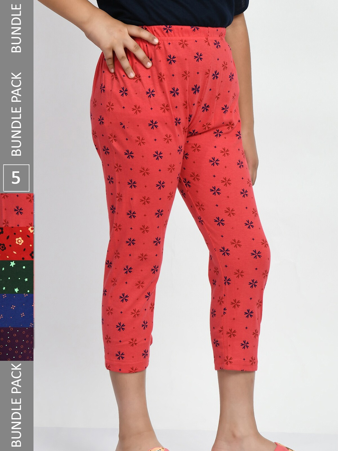 

BAESD Girls Pack Of 5 Conversational Printed Pure Cotton Capris, Red