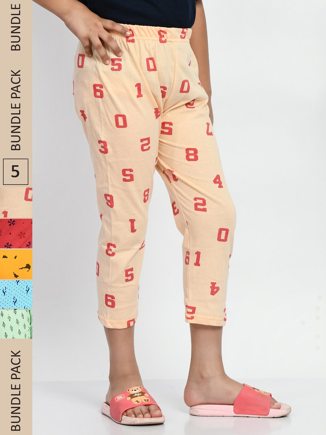 

BAESD Girls Pack Of 5 Printed Pure Cotton Capris, Yellow