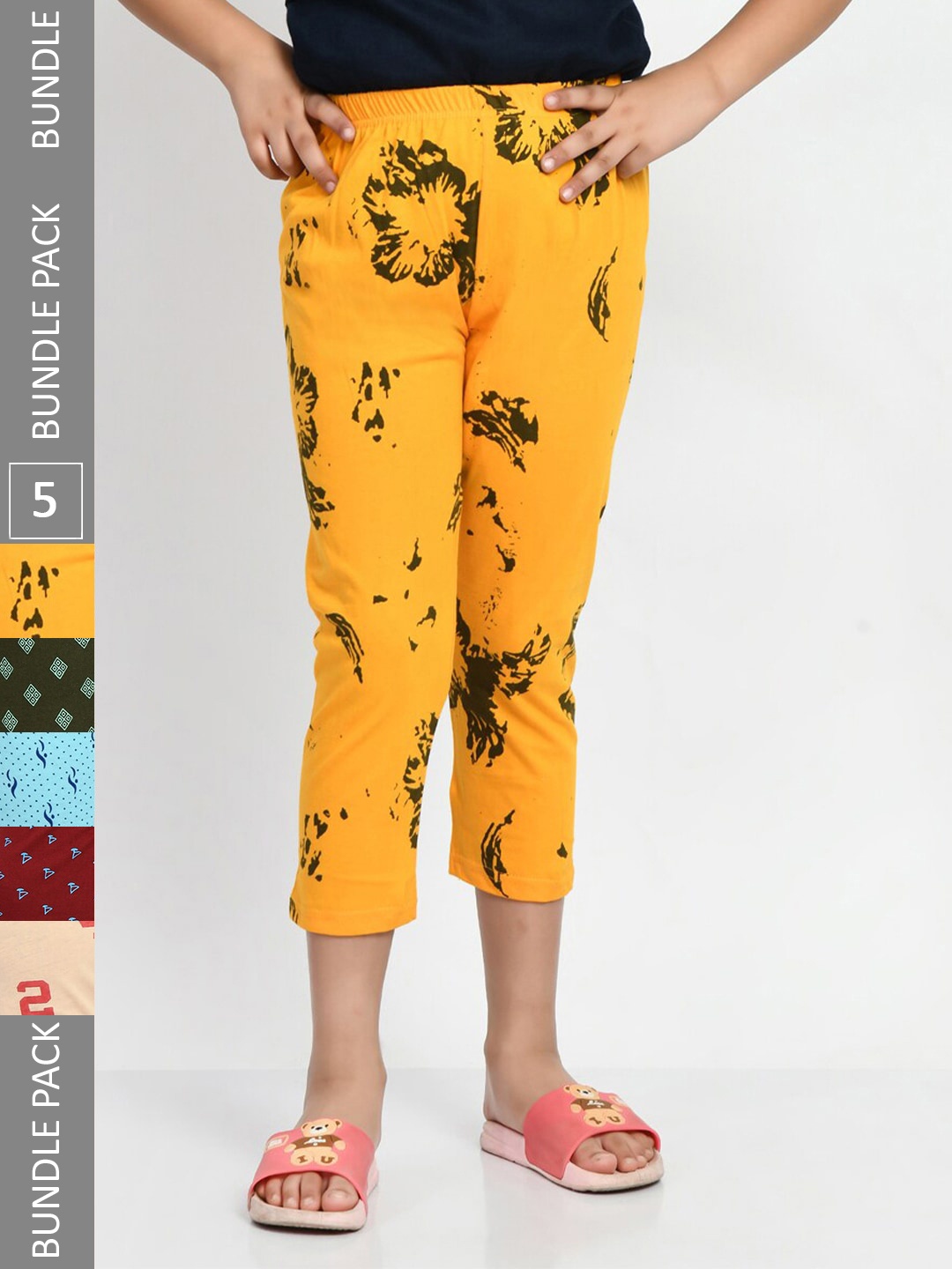 

BAESD Girls Pack of 5 Printed Pure Cotton Capris, Yellow