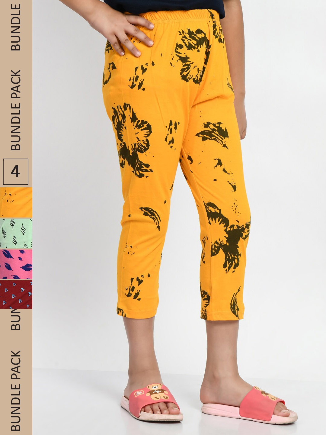 

BAESD Girls Pack Of 4 Printed Pure Cotton Capris, Yellow