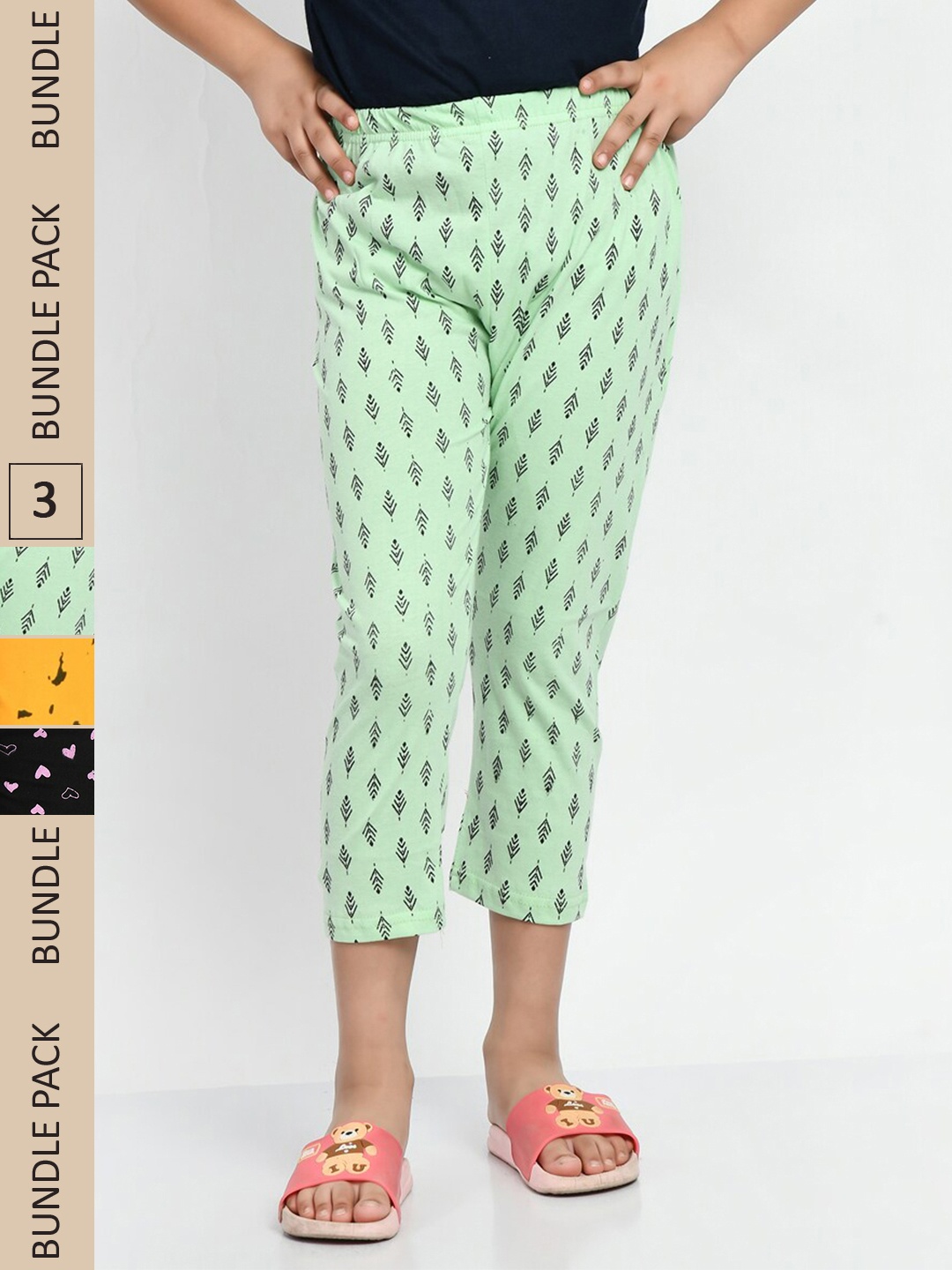 

BAESD Girls Pack Of 3 Conversational Printed High Rise Pure Cotton Capris, Green