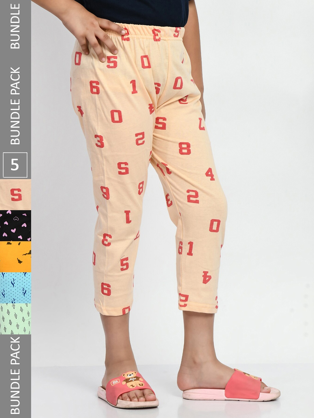 

BAESD Girls Pack Of 5 Conversational Printed Pure Cotton Capris, Yellow