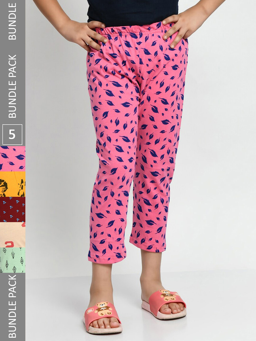 

BAESD Girls Pack Of 5 Printed Pure Cotton Capris, Pink