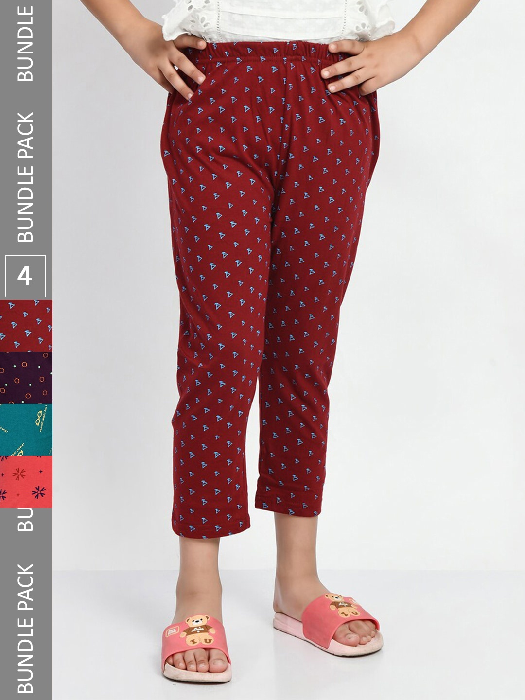 

BAESD Girls Pack Of 4 Printed Pure Cotton Capris, Maroon