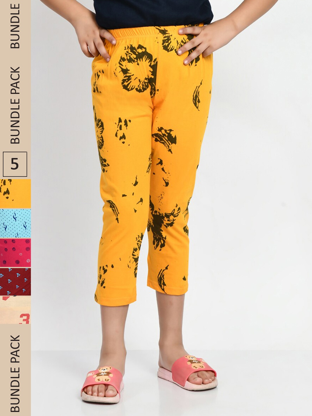 

BAESD Girls Pack of 5 Printed Pure Cotton Capris, Yellow