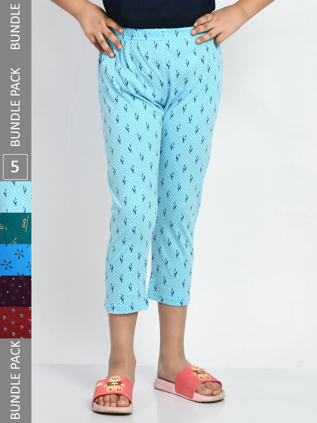 

BAESD Girls Pack Of 5 Conversational Printed High Rise Pure Cotton Capris, Blue