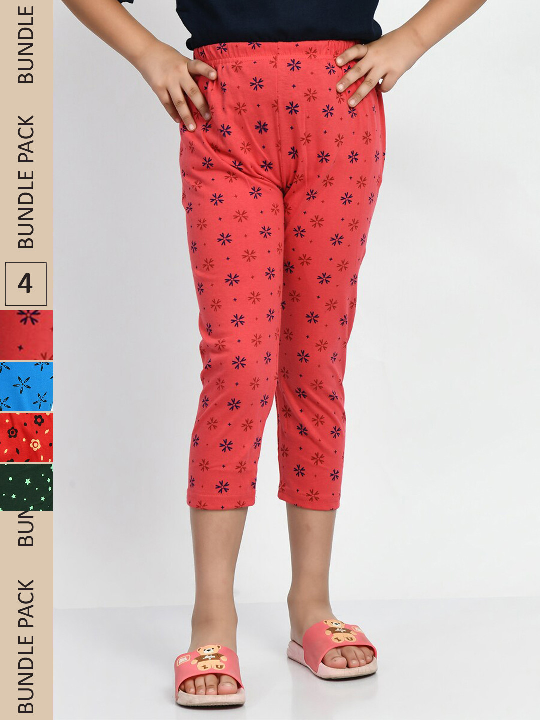 

BAESD Girls Pack Of 5 Printed Pure Cotton Capris, Red