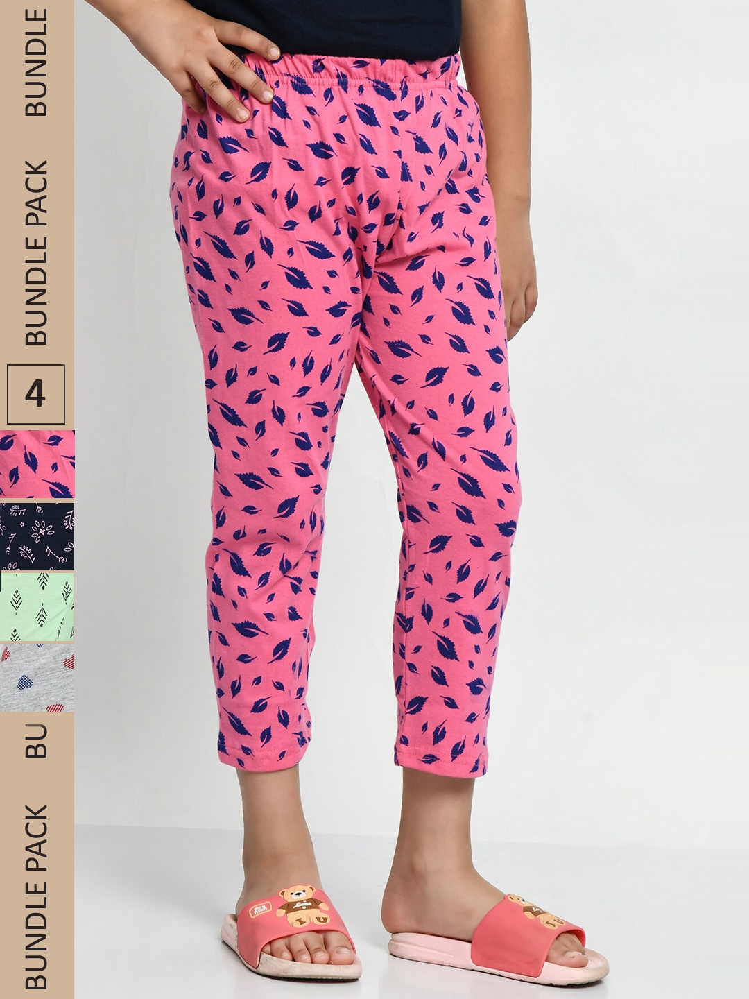 

BAESD Girls Pack Of 4 Printed Pure Cotton Capris, Pink