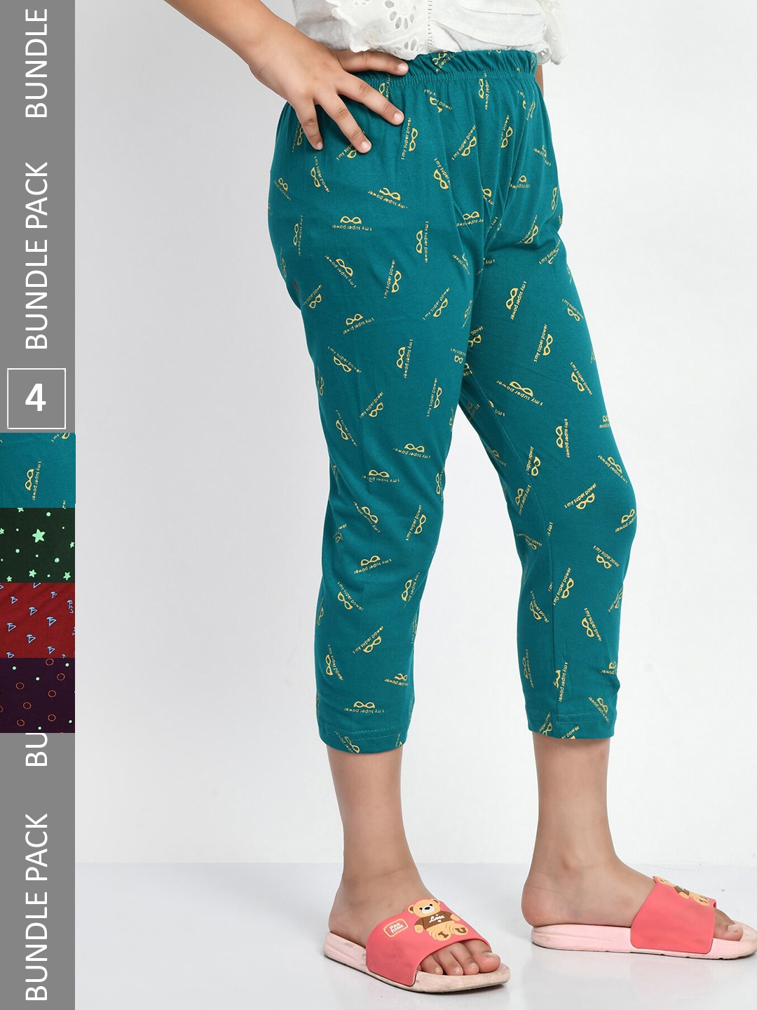 

BAESD Girls Pack Of 4 Printed Pure Cotton Capris, Green