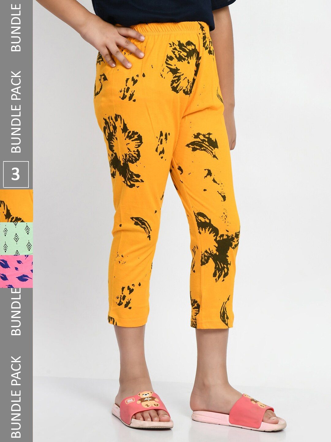 

BAESD Girls Pack Of 3 Printed Pure Cotton Capris, Yellow