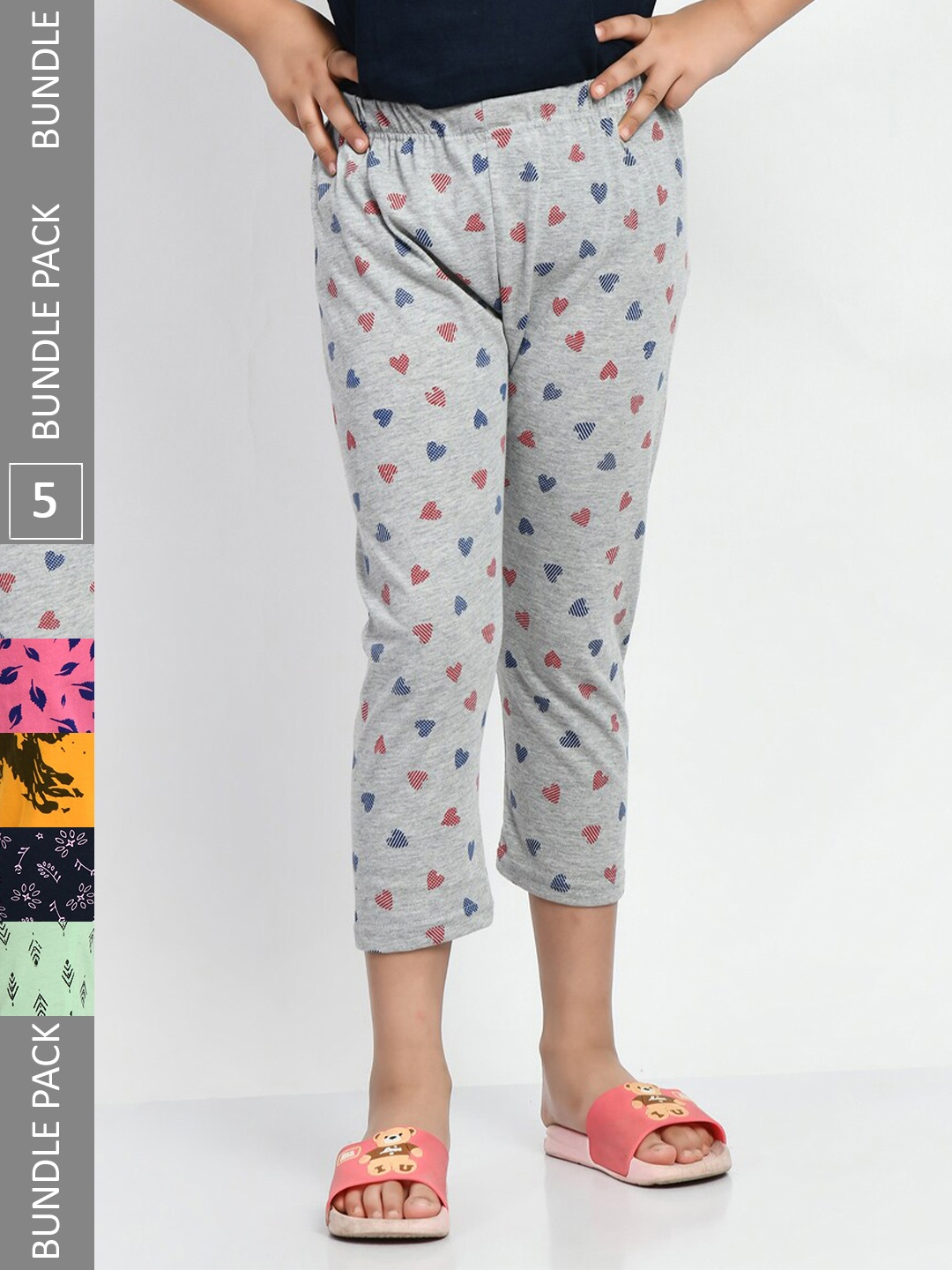 

BAESD Girls Pack Of 5 Printed Pure Cotton Capris, Yellow