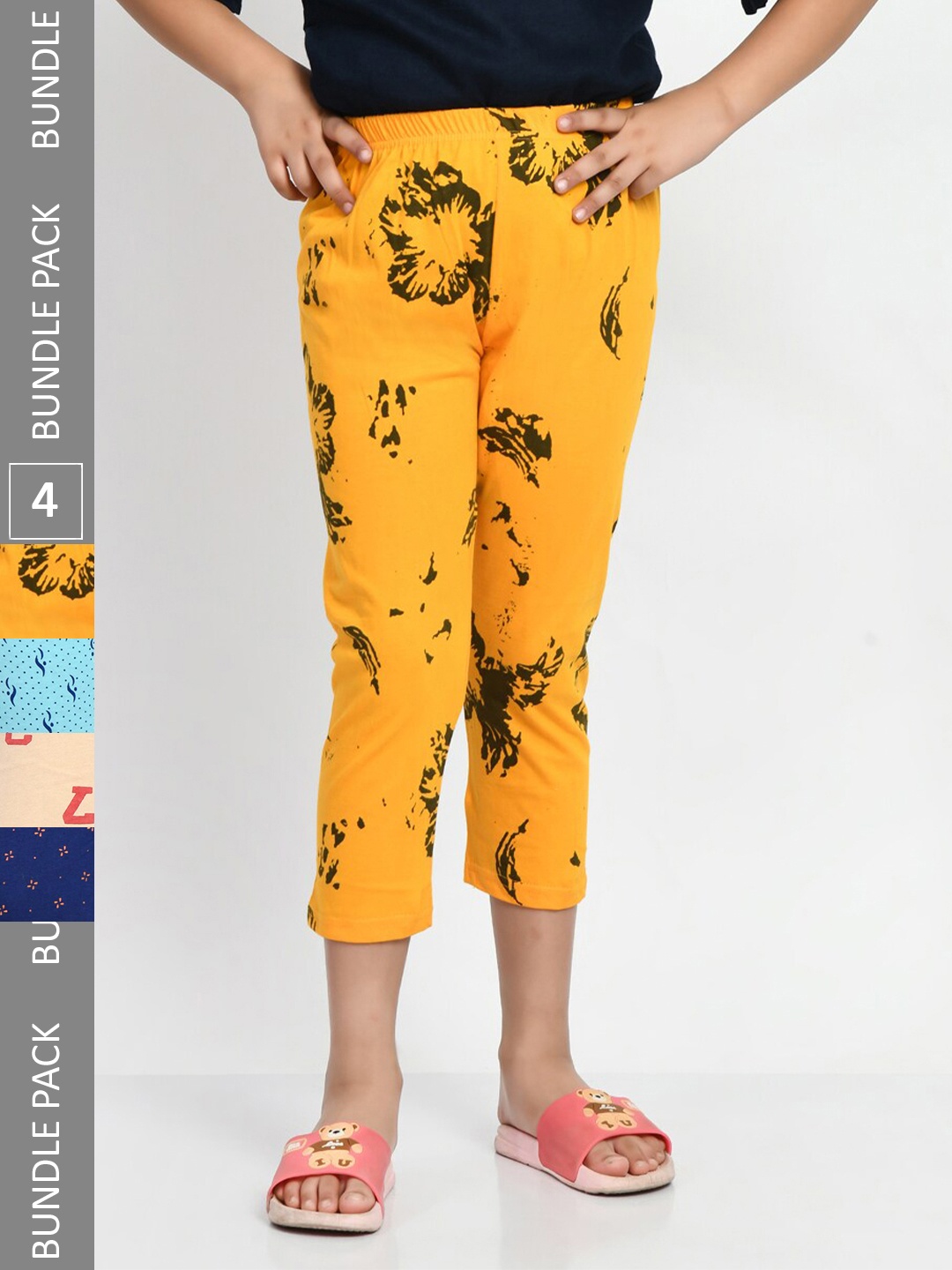 

BAESD Girls Pack Of 4 Printed Pure Cotton Capris, Yellow