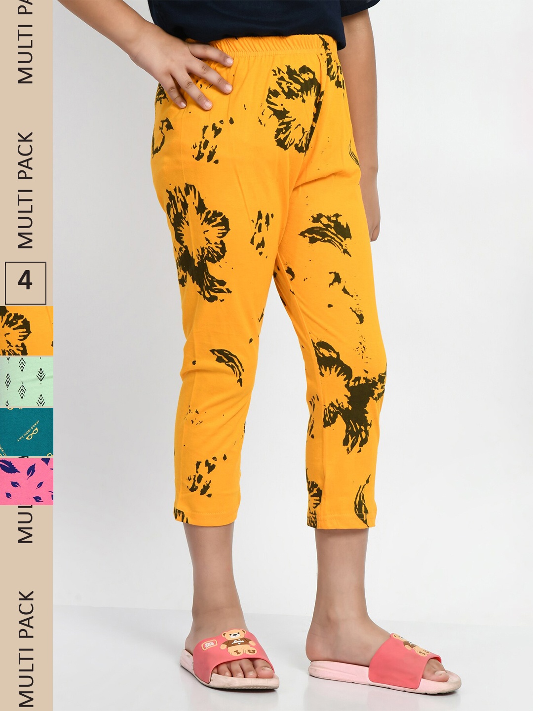 

BAESD Girls Pack Of 4 Printed Pure Cotton Capris, Yellow