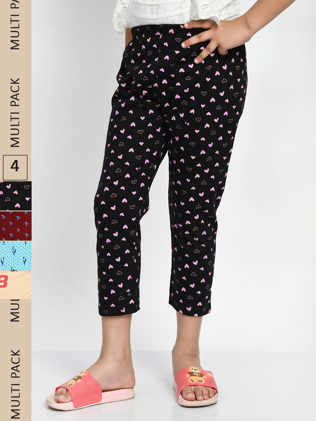 

BAESD Girls Pack Of 4 Mid-Rise Printed Pure Cotton Capris, Peach