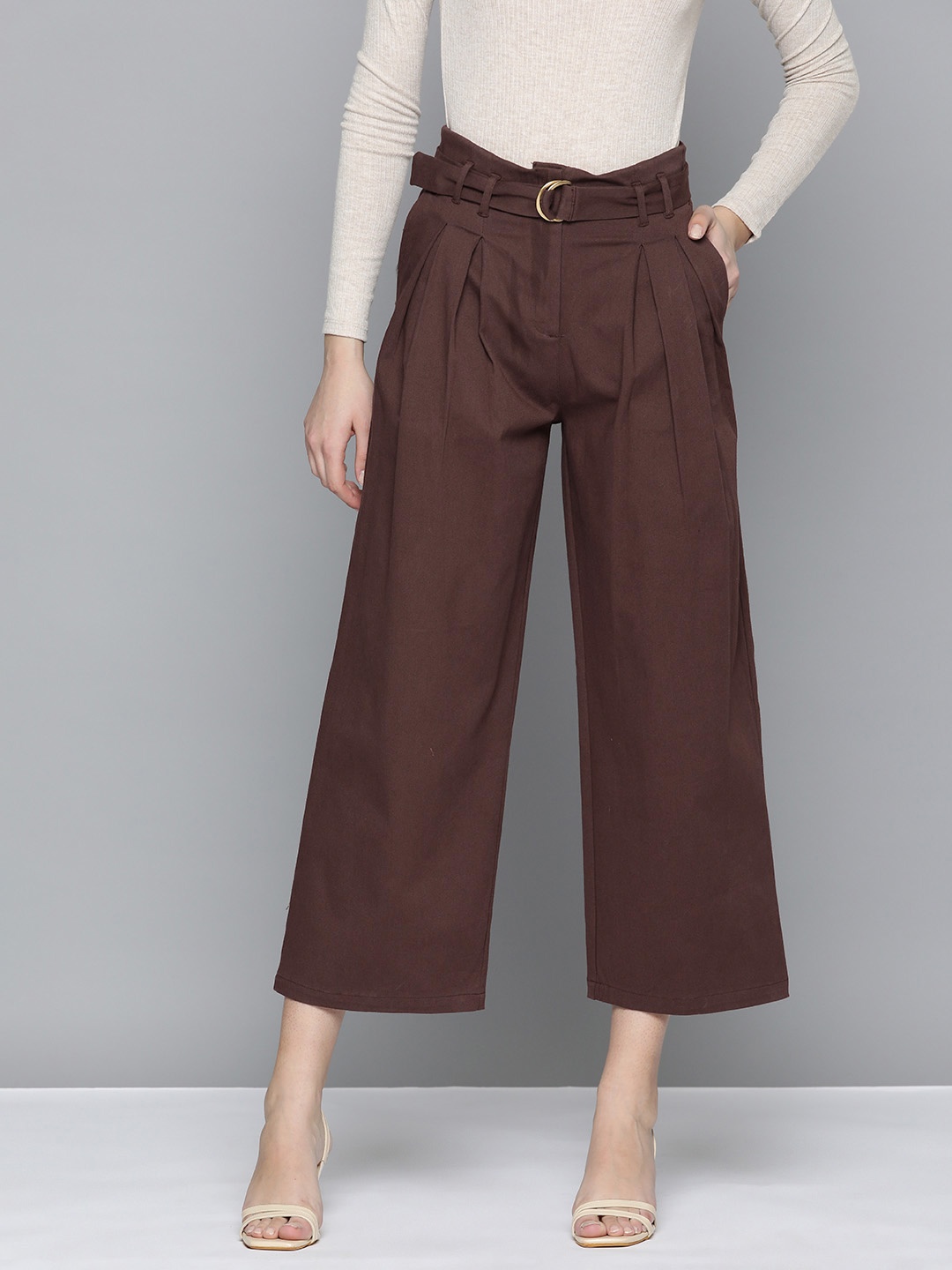 

Chemistry Classic High-Rise Pure Cotton Pleated Trousers With Belt, Brown