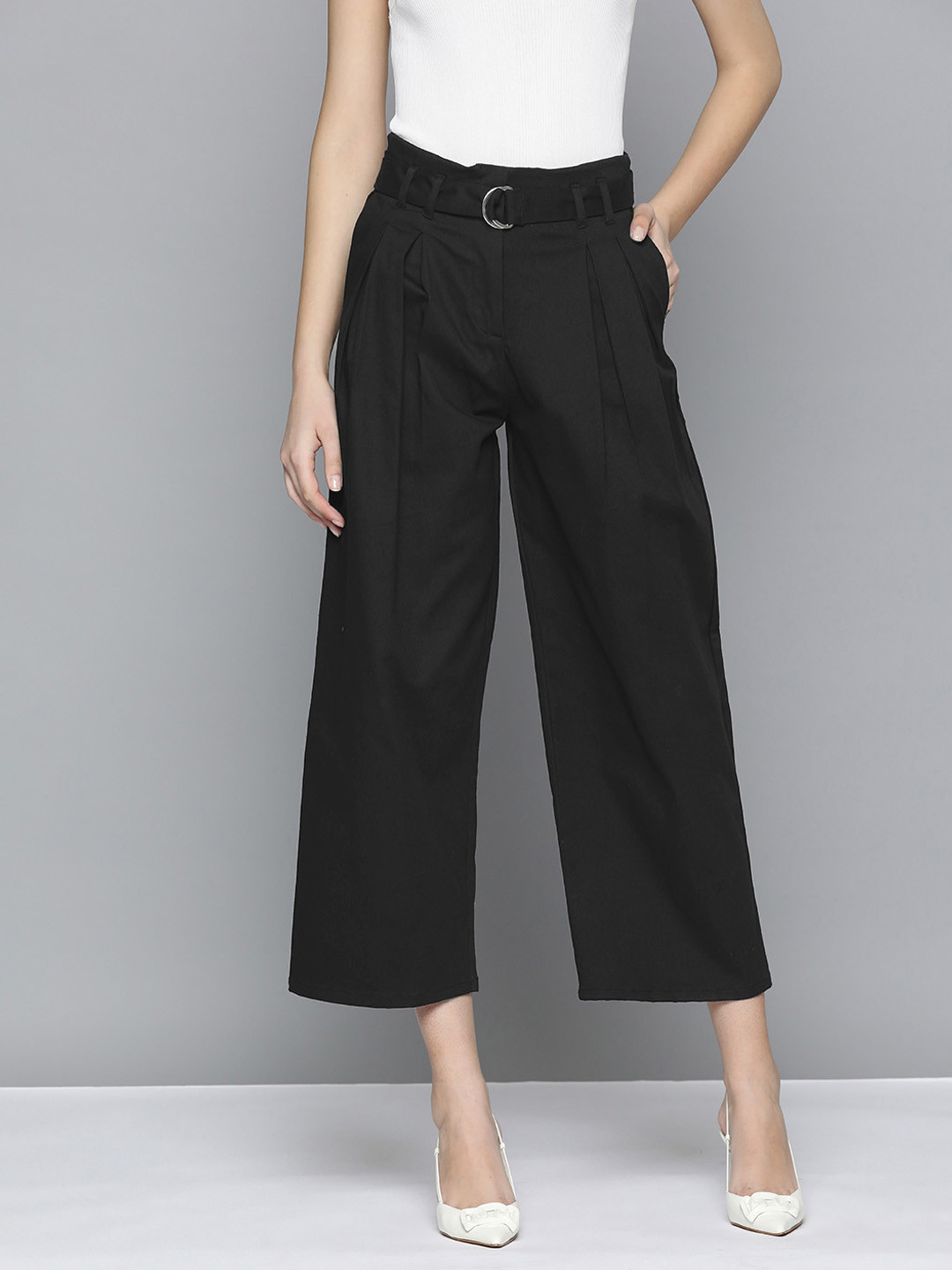 

Chemistry Classic High-Rise Pure Cotton Pleated Trousers With Belt, Black