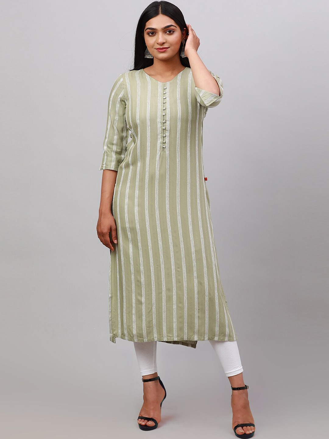 

Alena Striped V-Neck Kurta, Green