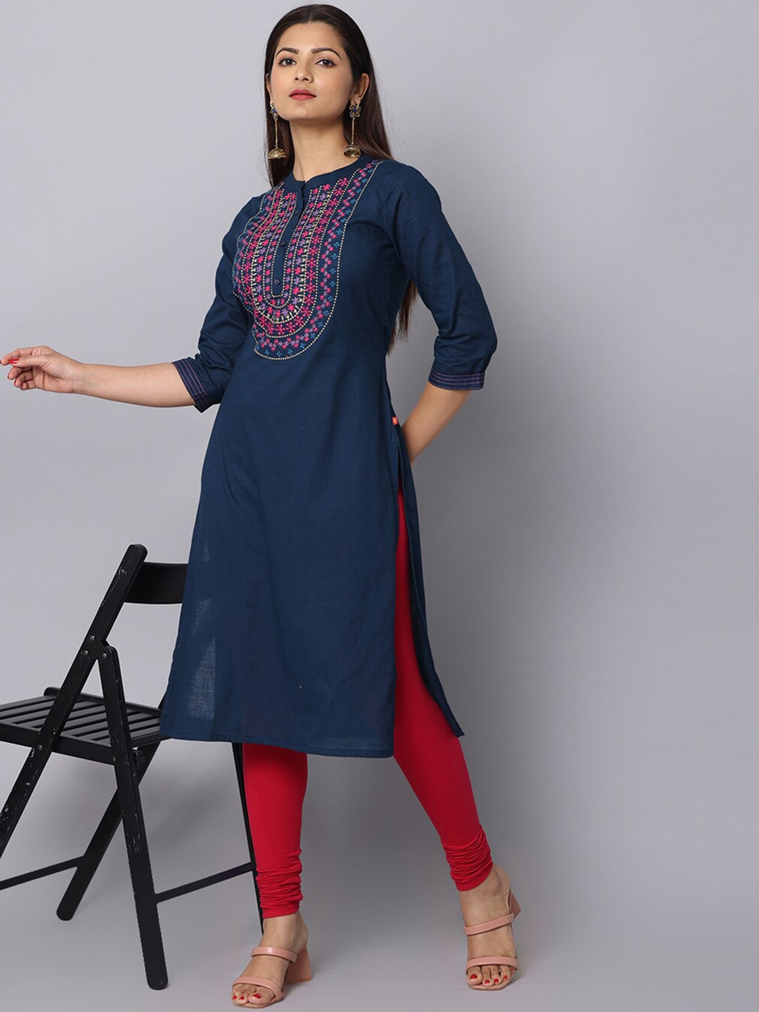 

Alena Ethnic Motifs Yoke Design Boat Neck Thread Work Cotton Kurta, Navy blue