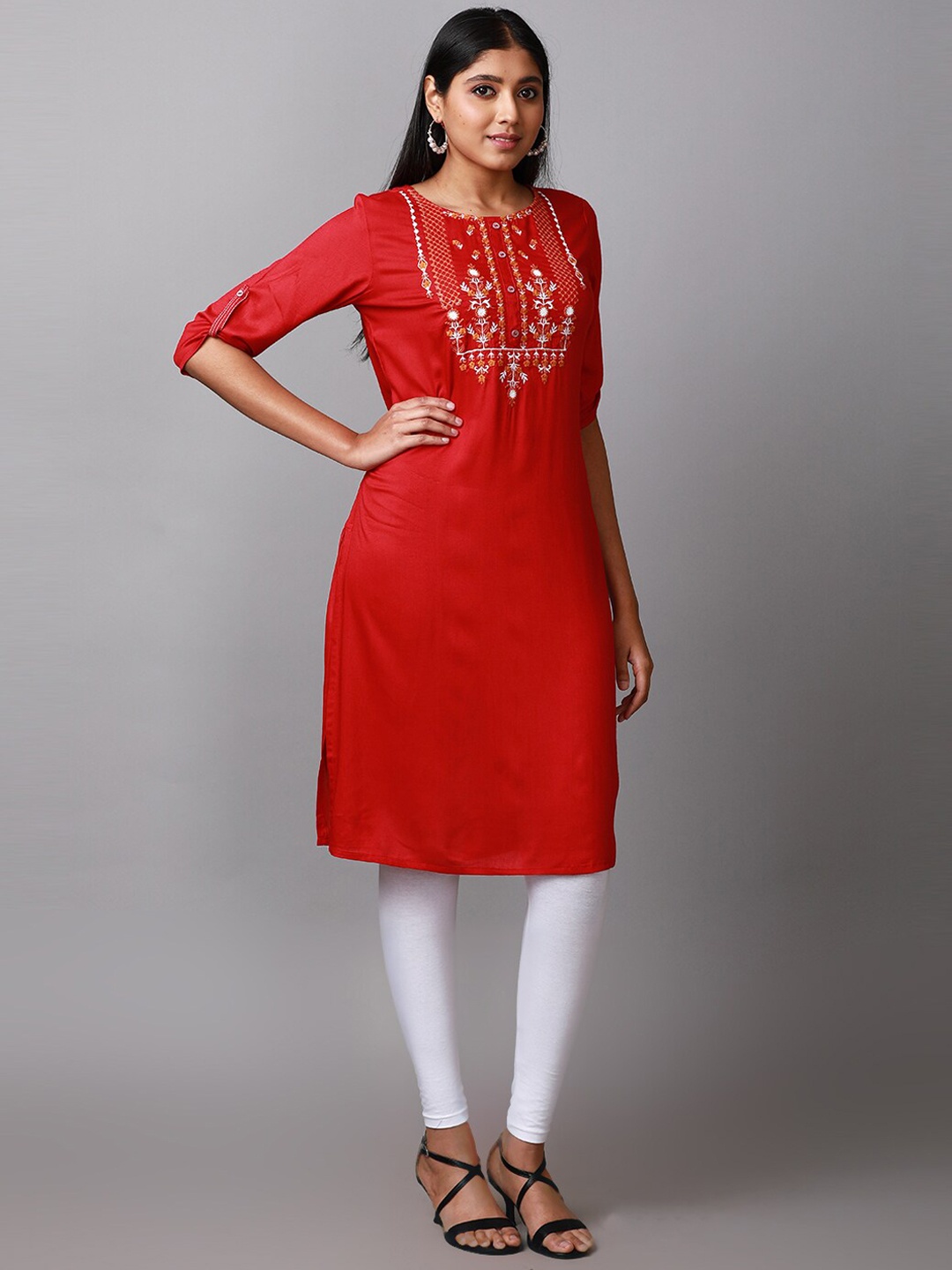 

Alena Ethnic Motifs Embroidered Straight Kurta, Red