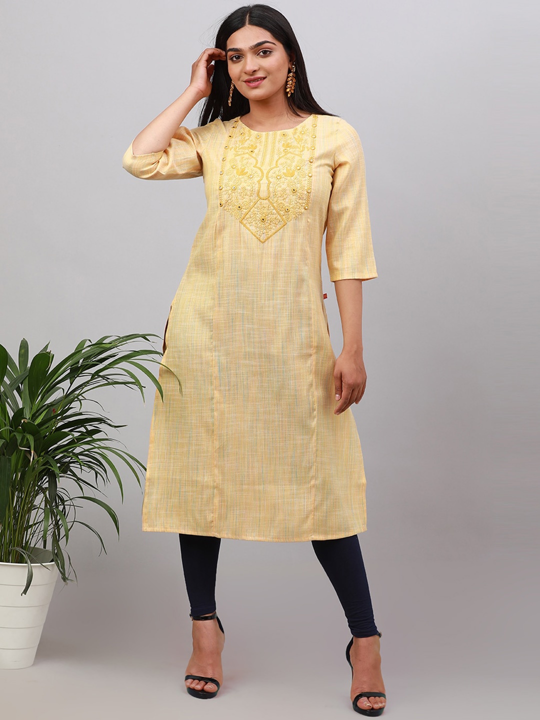 

Alena Ethnic Motifs Embroidered Mirror Work Cotton Kurta, Mustard