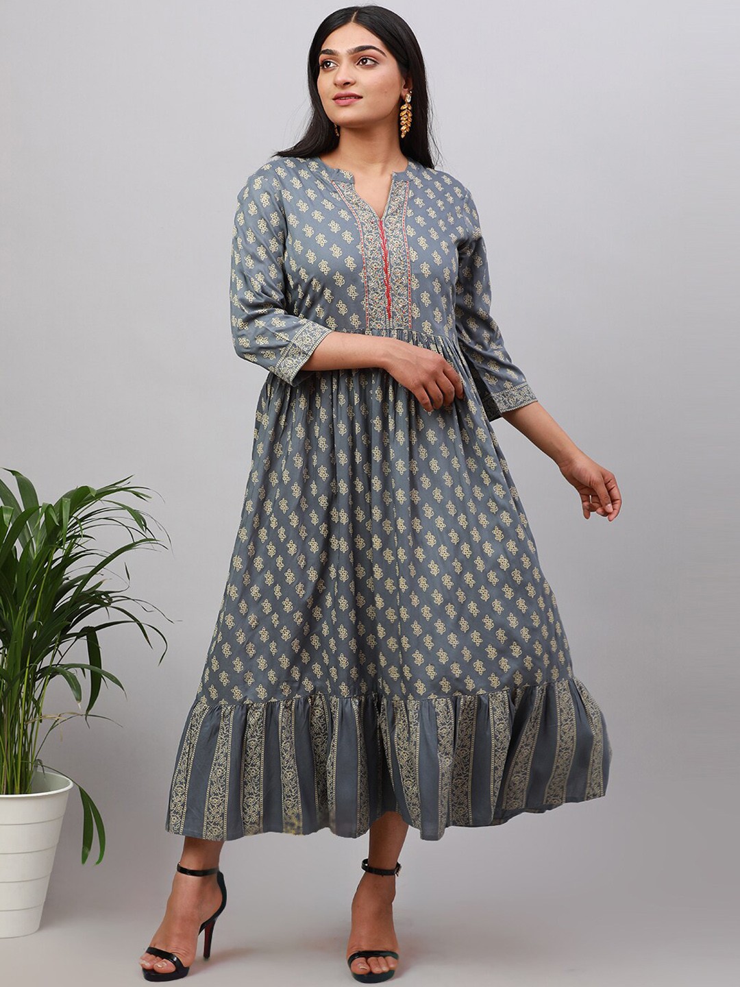 

Alena Ethnic Motifs Printed Bead Work Fit & Flare Midi Ethnic Dress, Grey