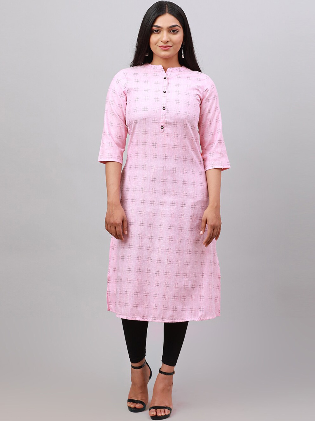

Alena Geometric Printed Mandarin Collar A-Line Cotton Kurta, Pink