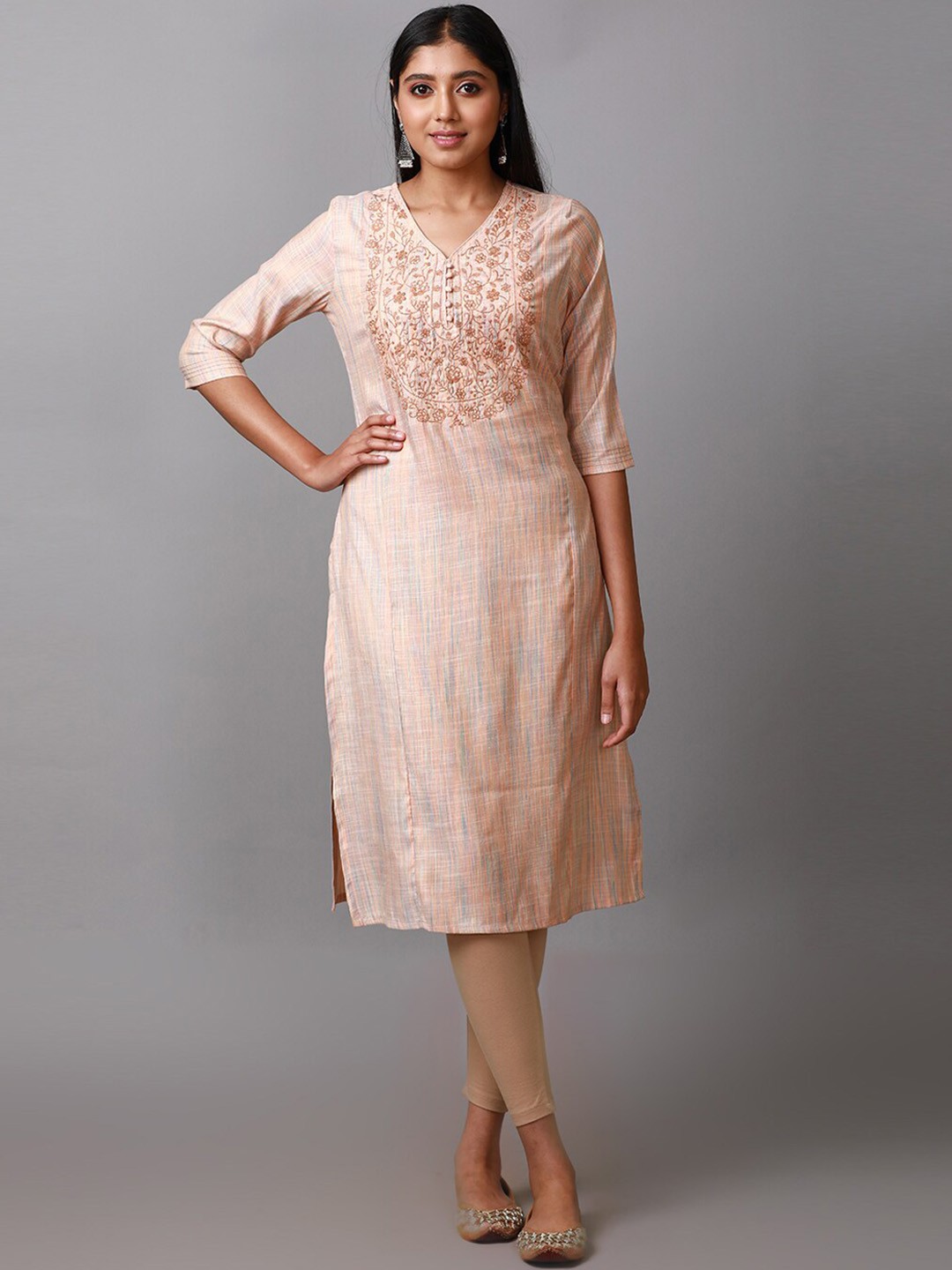 

Alena Ethnic Motifs Embroidered V-Neck Cotton Kurta, Peach