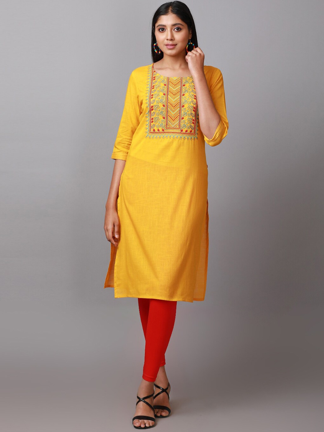 

Alena Ethnic Motifs Yoke Design Thread Work Cotton Kurta, Mustard