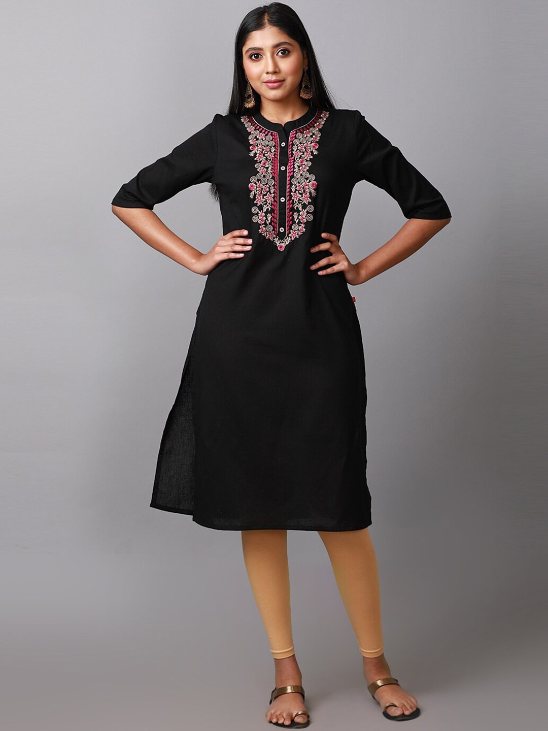 

Alena Ethnic Motifs Yoke Design Boat Neck Thread Work Cotton Kurta, Black
