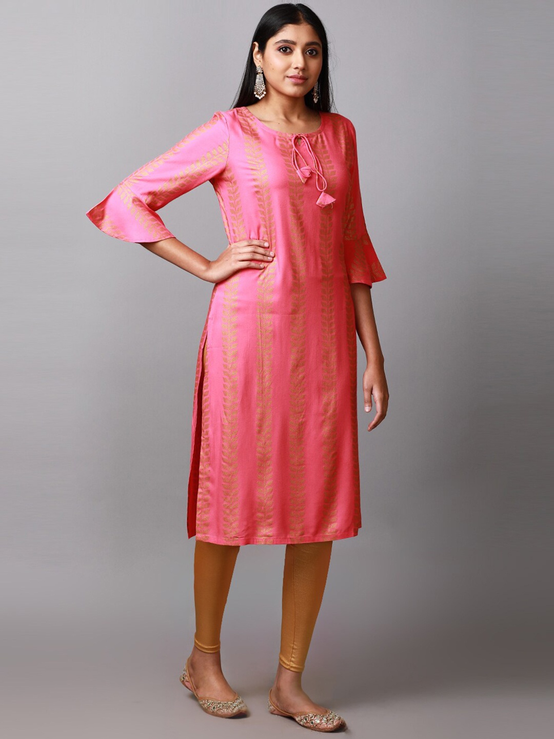 

Alena Ethnic Motifs Woven Design Tie-Up Neck Straight Kurta, Pink