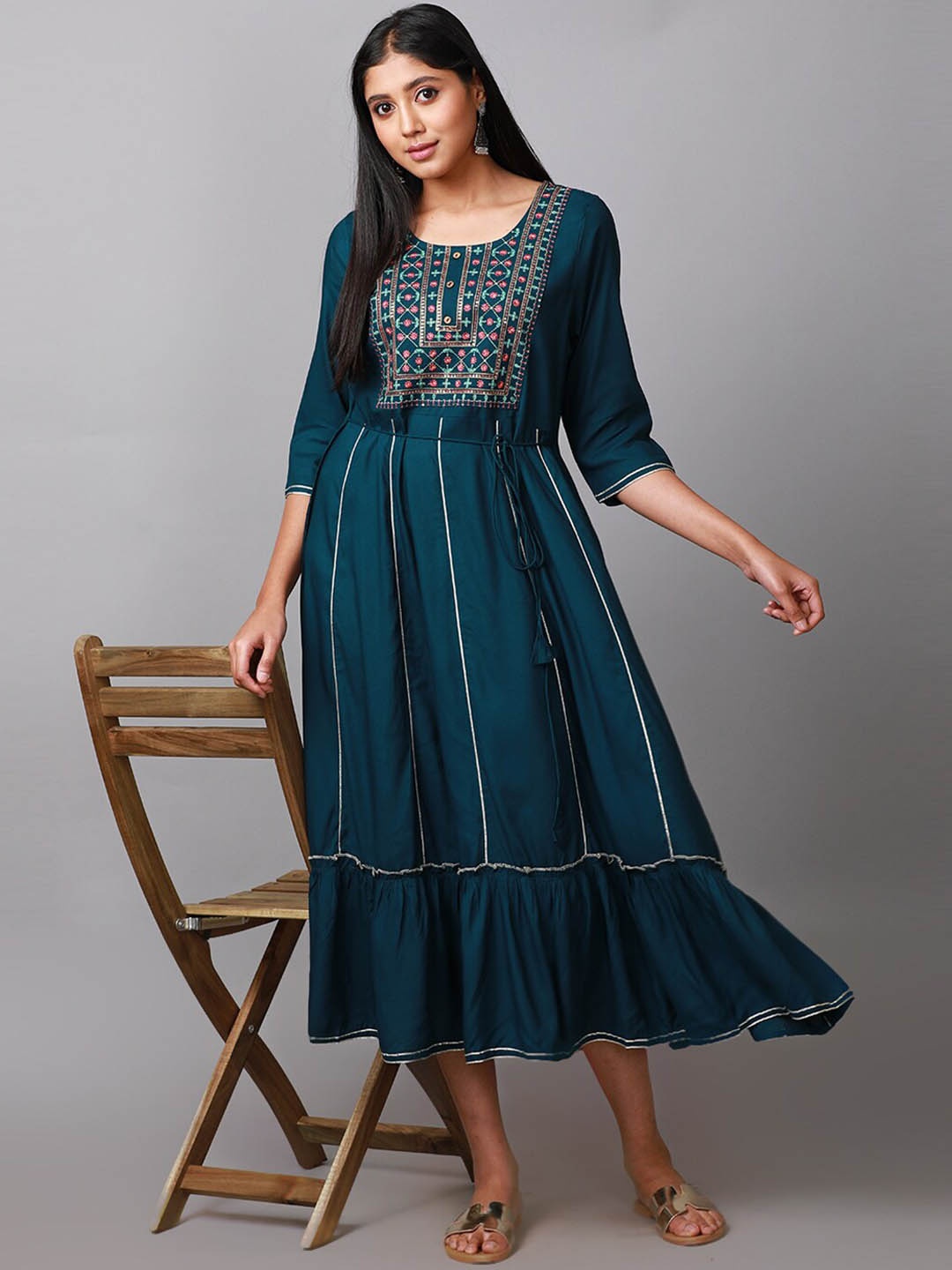 

Alena Ethnic Motifs Printed Gotta Patti Fit & Flare Midi Ethnic Dress, Teal