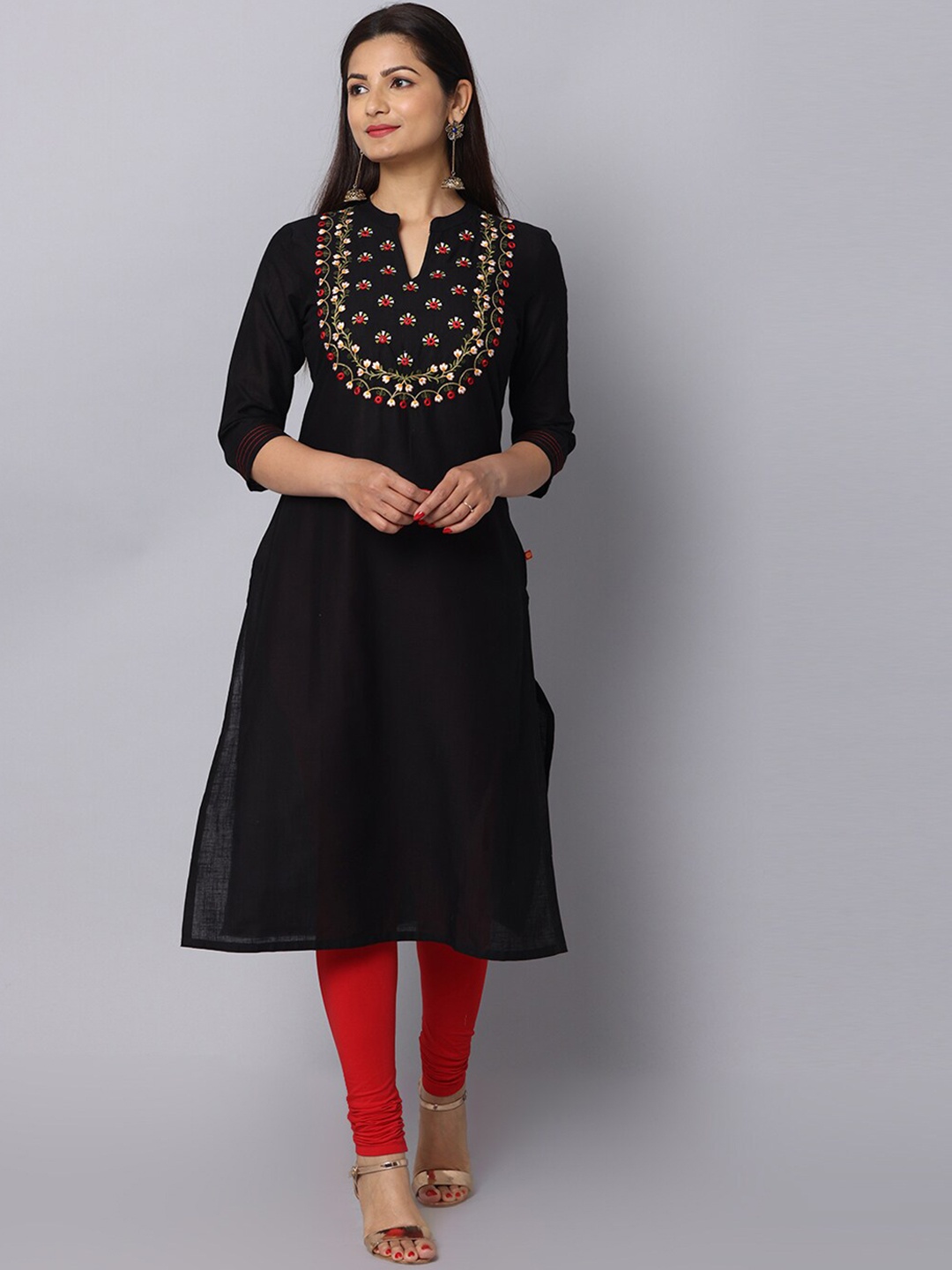 

Alena Ethnic Motifs Yoke Design Mandarin Collar Thread Work Cotton Kurta, Black