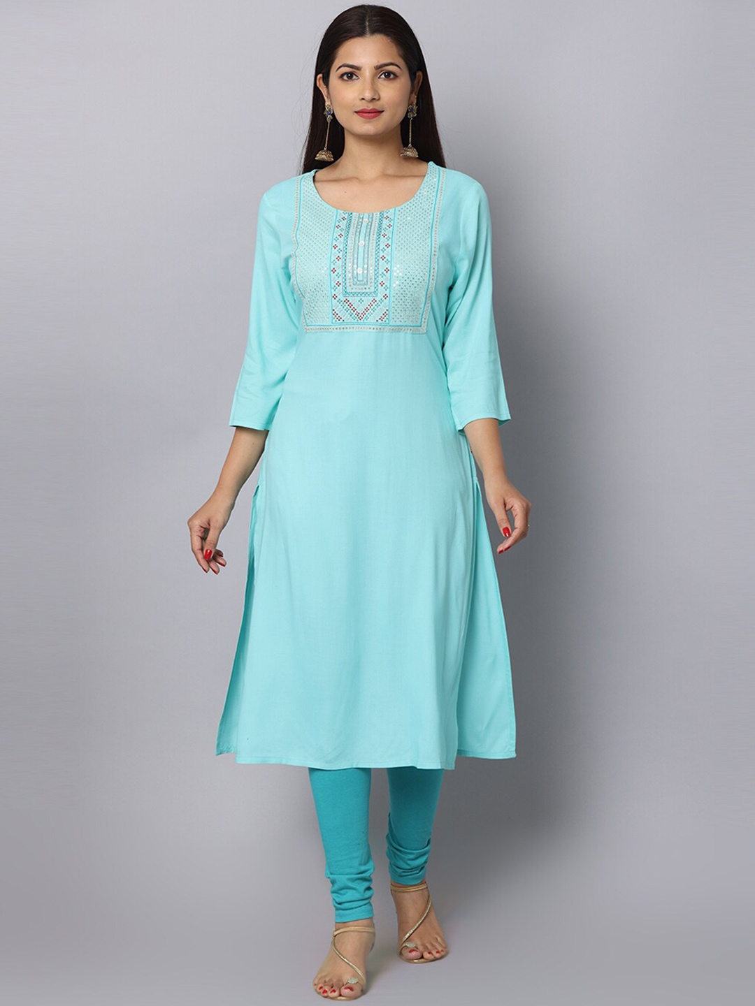 

Alena Ethnic Motifs Yoke Design Boat Neck Thread Work A-Line Kurta, Turquoise blue