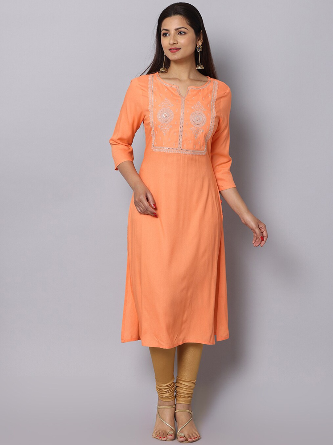 

Alena Ethnic Motifs Yoke Design Zari Sequined Kurta, Orange