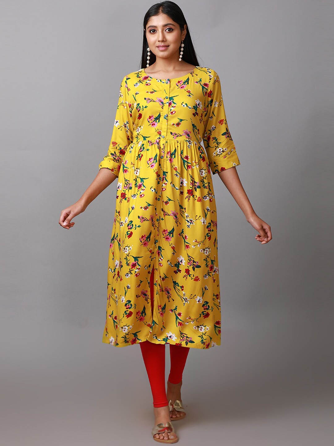 

Alena Floral Printed A-Line Kurta, Mustard