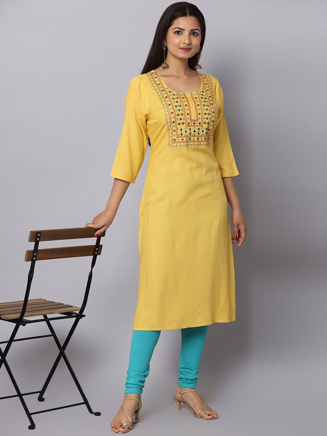 

Alena Ethnic Motifs Yoke Design Sequined Thread Work Kurta, Mustard