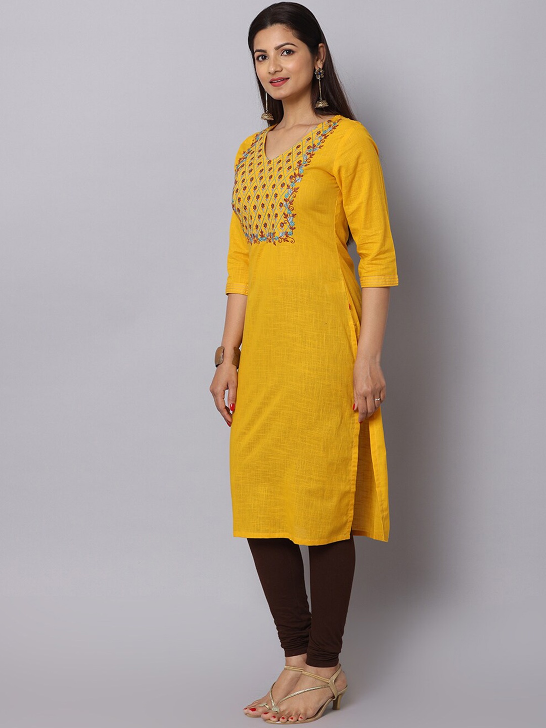 

Alena Floral Yoke Design Thread Work V-Neck Cotton Kurta, Mustard