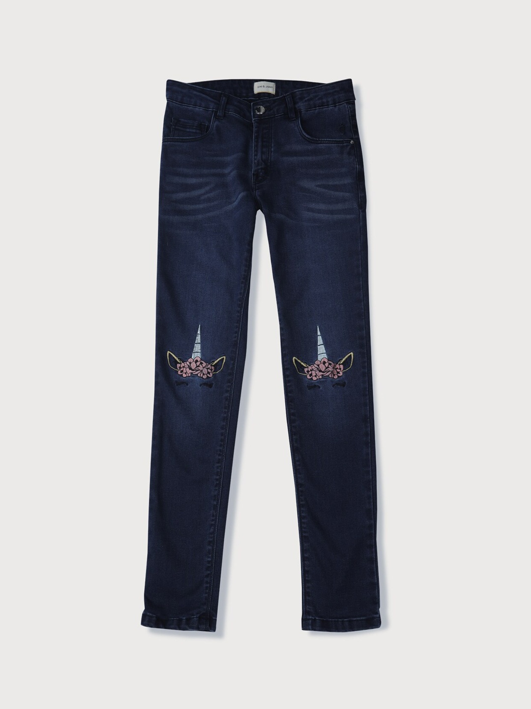 

Gini and Jony Girls Mid Rise Embroidered Whiskers Denim Jeans, Navy blue