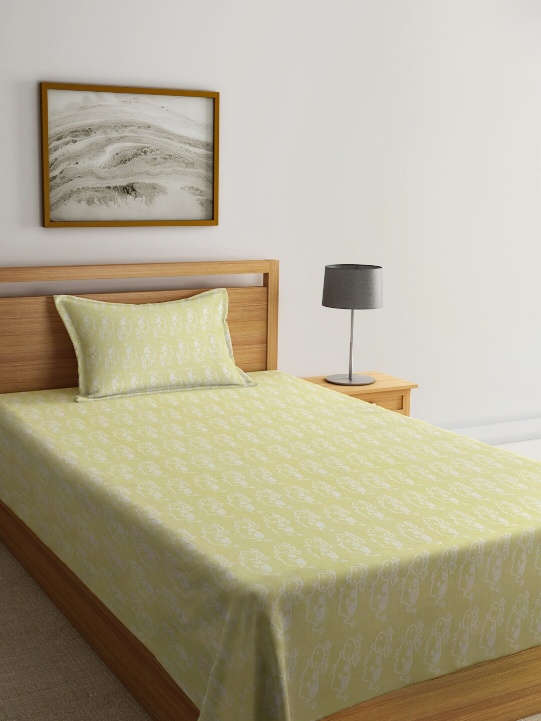 

KLOTTHE Yellow Conversational Printed Pure Cotton Single Bedsheet With Pillow Cover