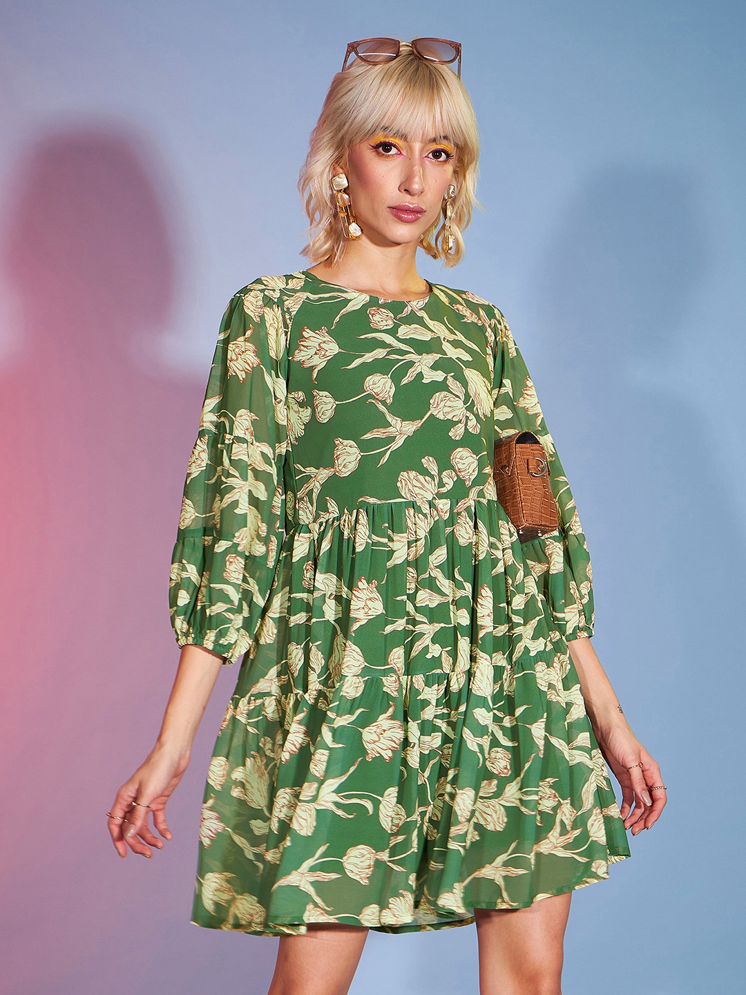

SASSAFRAS Olive Green Floral Print Puff Sleeve Georgette Fit & Flare Dress